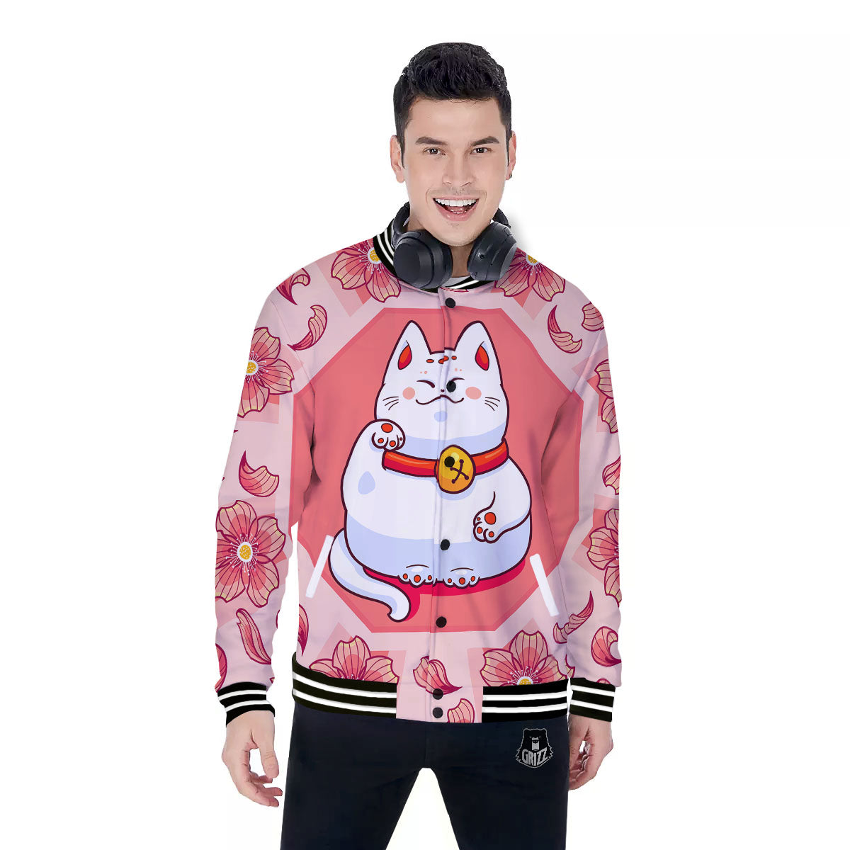 Lucky Cat And Sakura Japanese Print Baseball Jacket-grizzshop