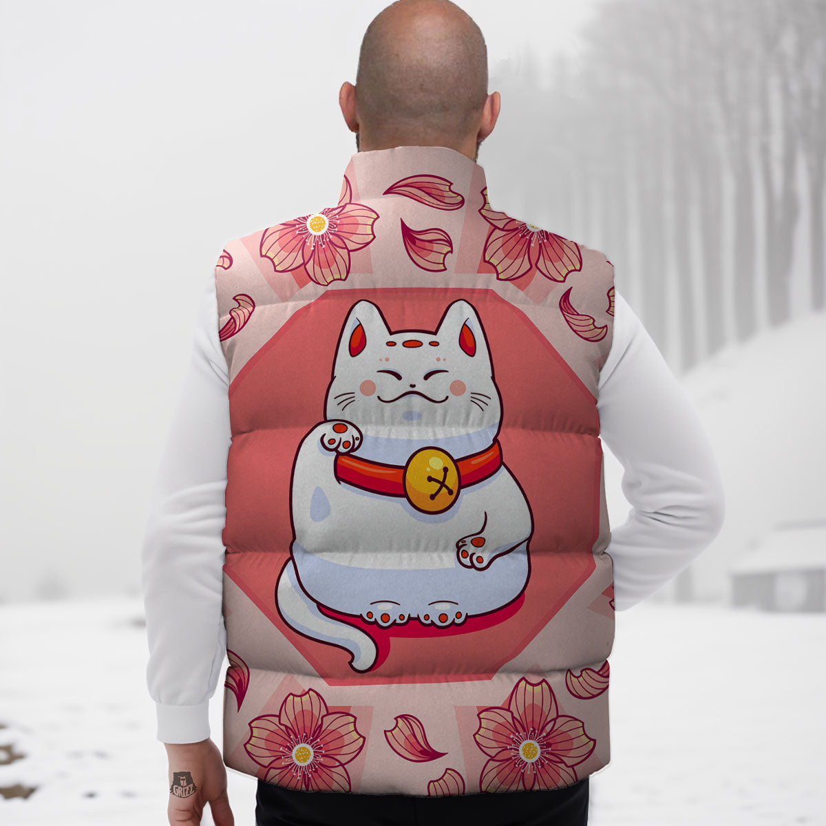 Lucky Cat And Sakura Japanese Print Down Vest