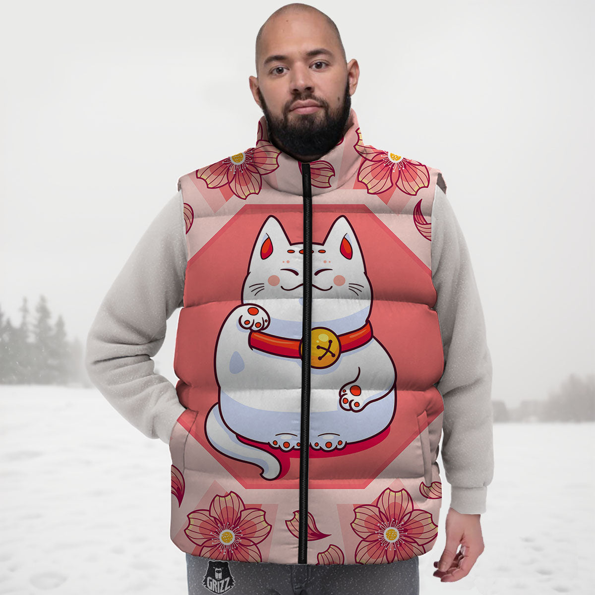Lucky Cat And Sakura Japanese Print Down Vest