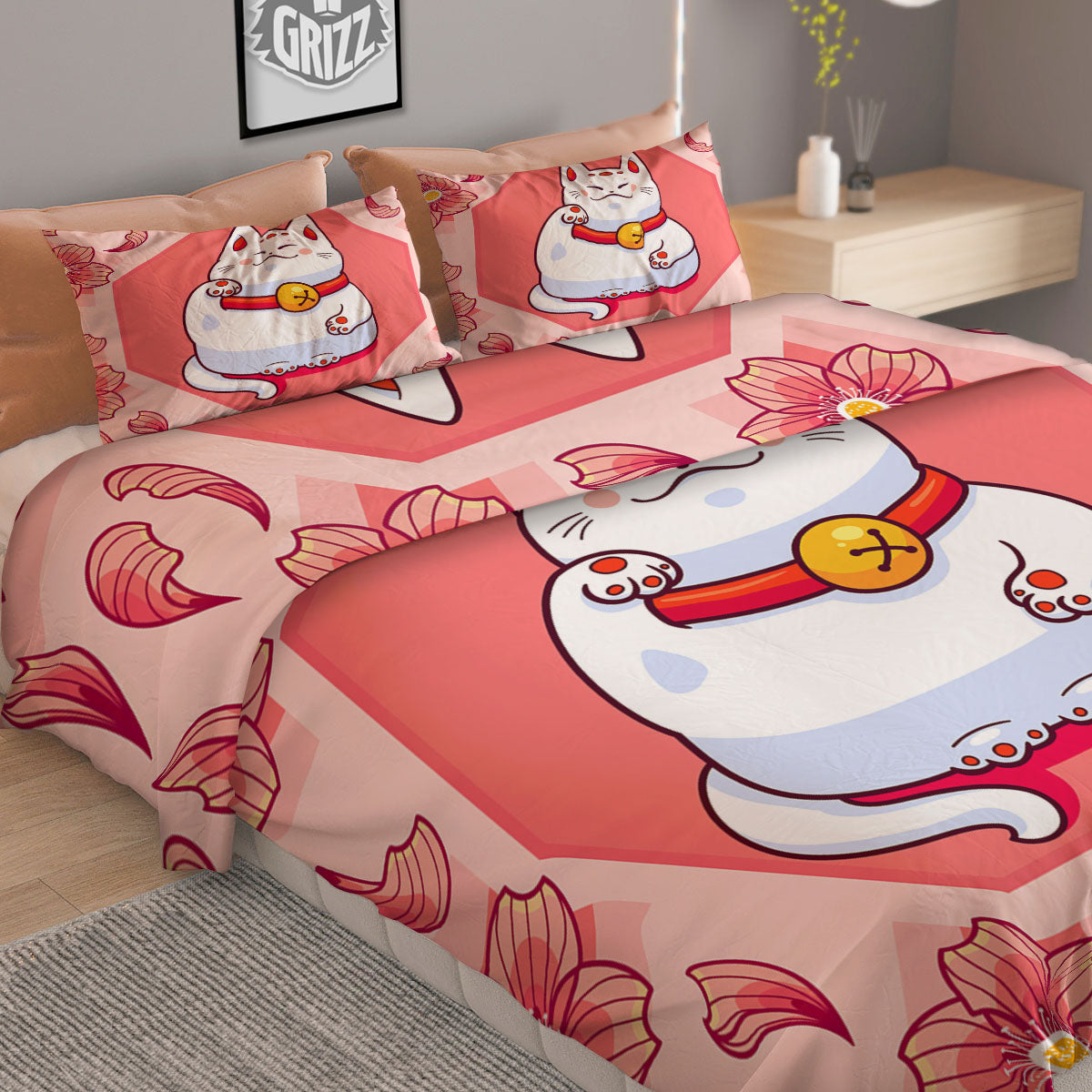 Lucky Cat And Sakura Japanese Print Duvet Cover Bedding Set