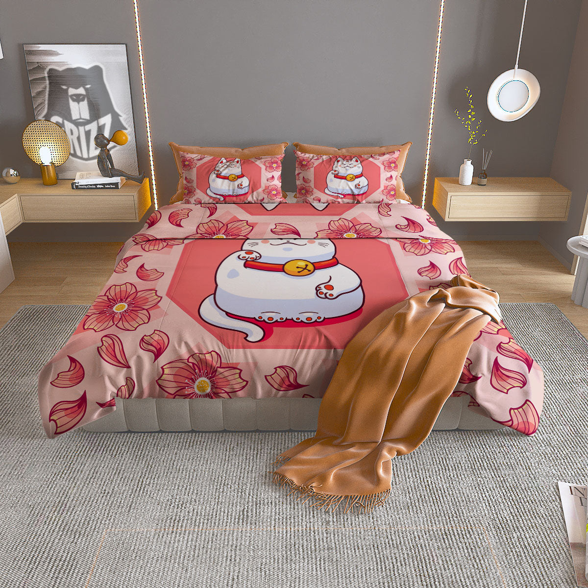 Lucky Cat And Sakura Japanese Print Duvet Cover Bedding Set