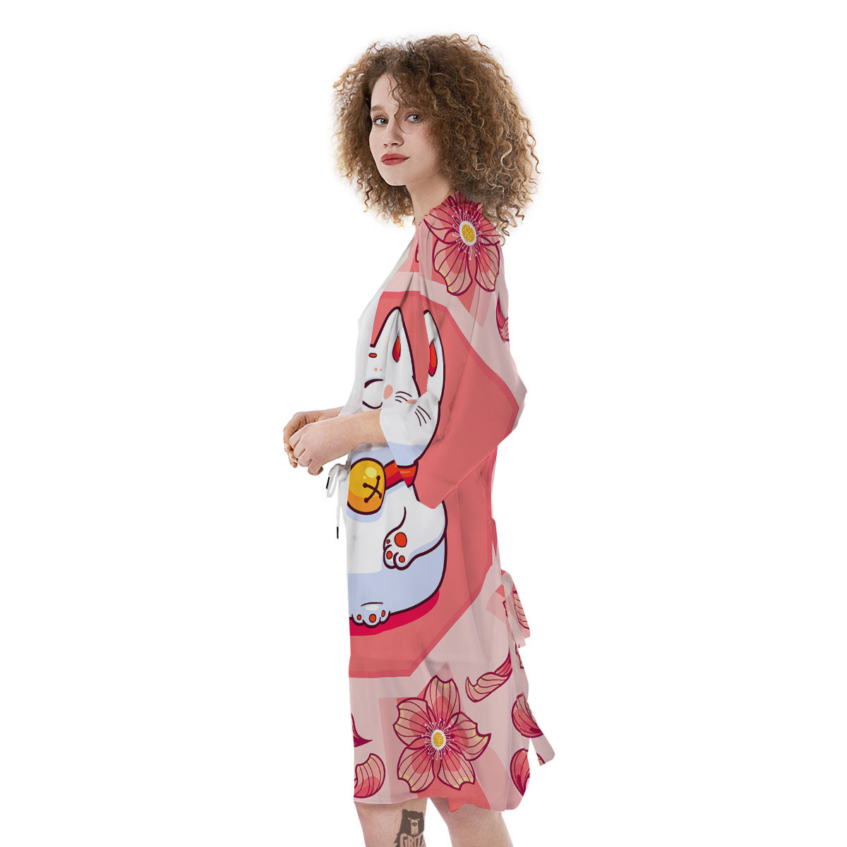 Lucky Cat And Sakura Japanese Print Kimono-grizzshop