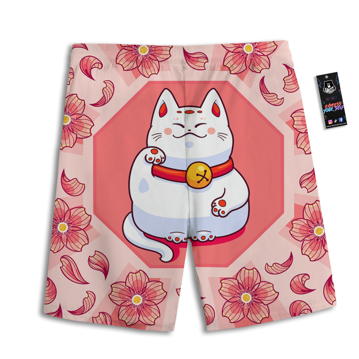Lucky Cat And Sakura Japanese Print Men's Athletic Shorts