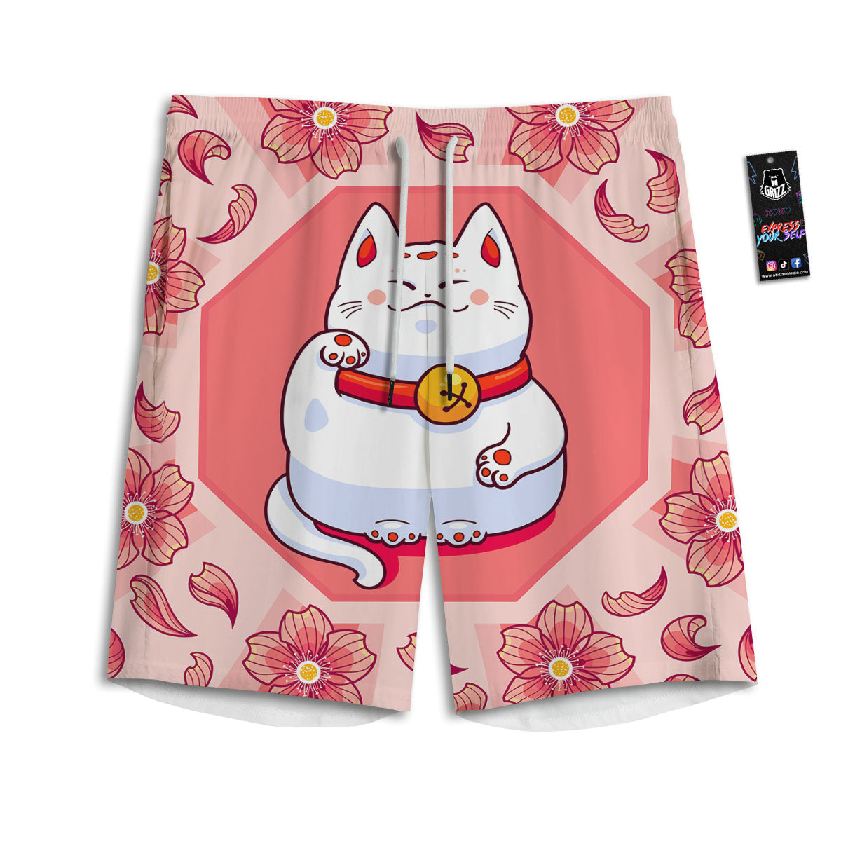 Lucky Cat And Sakura Japanese Print Men's Athletic Shorts