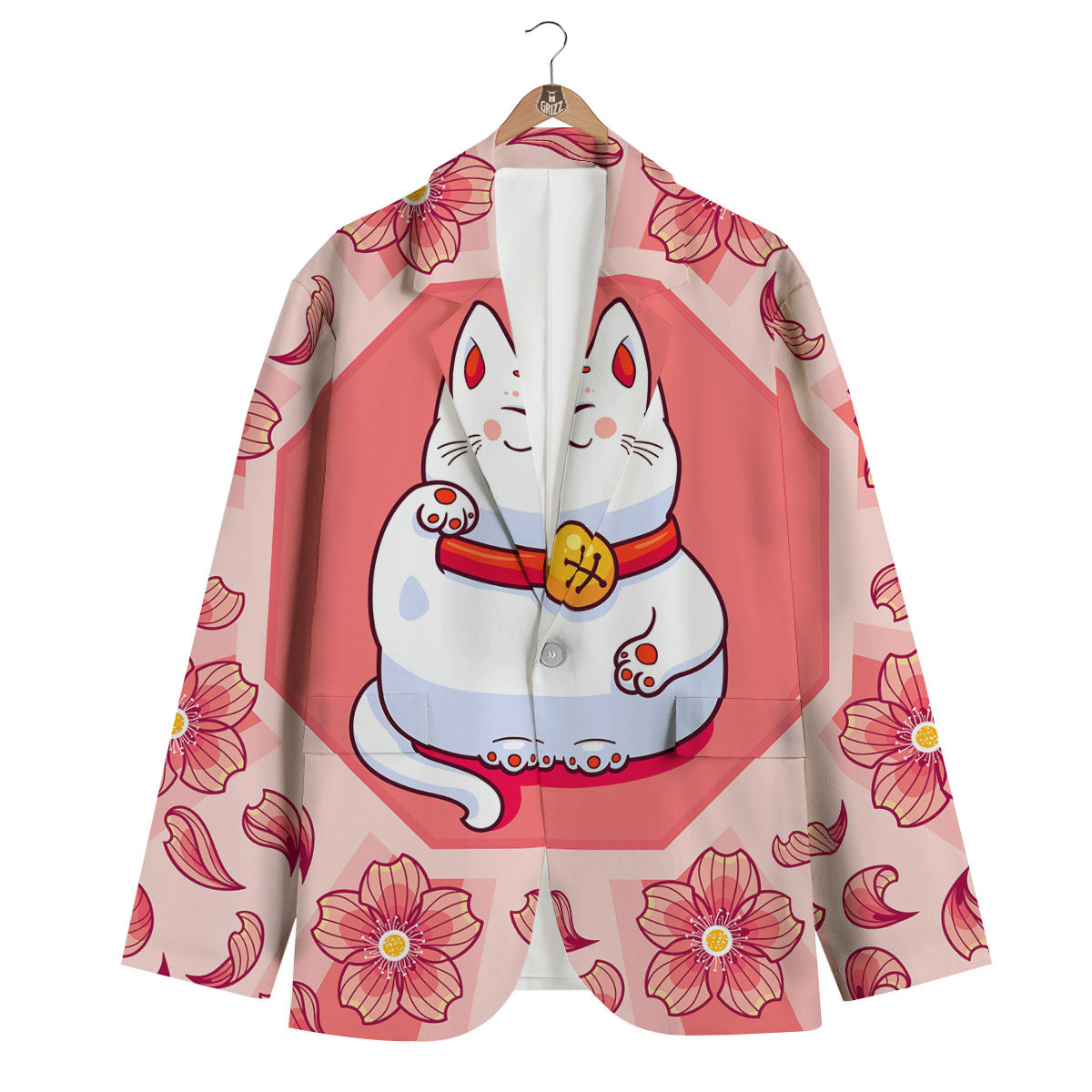 Lucky Cat And Sakura Japanese Print Men's Blazer-grizzshop