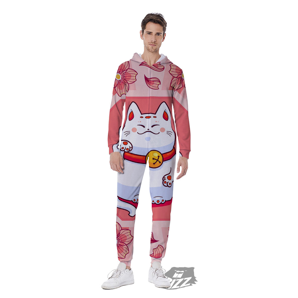 Lucky Cat And Sakura Japanese Print Men's Jumpsuit-grizzshop