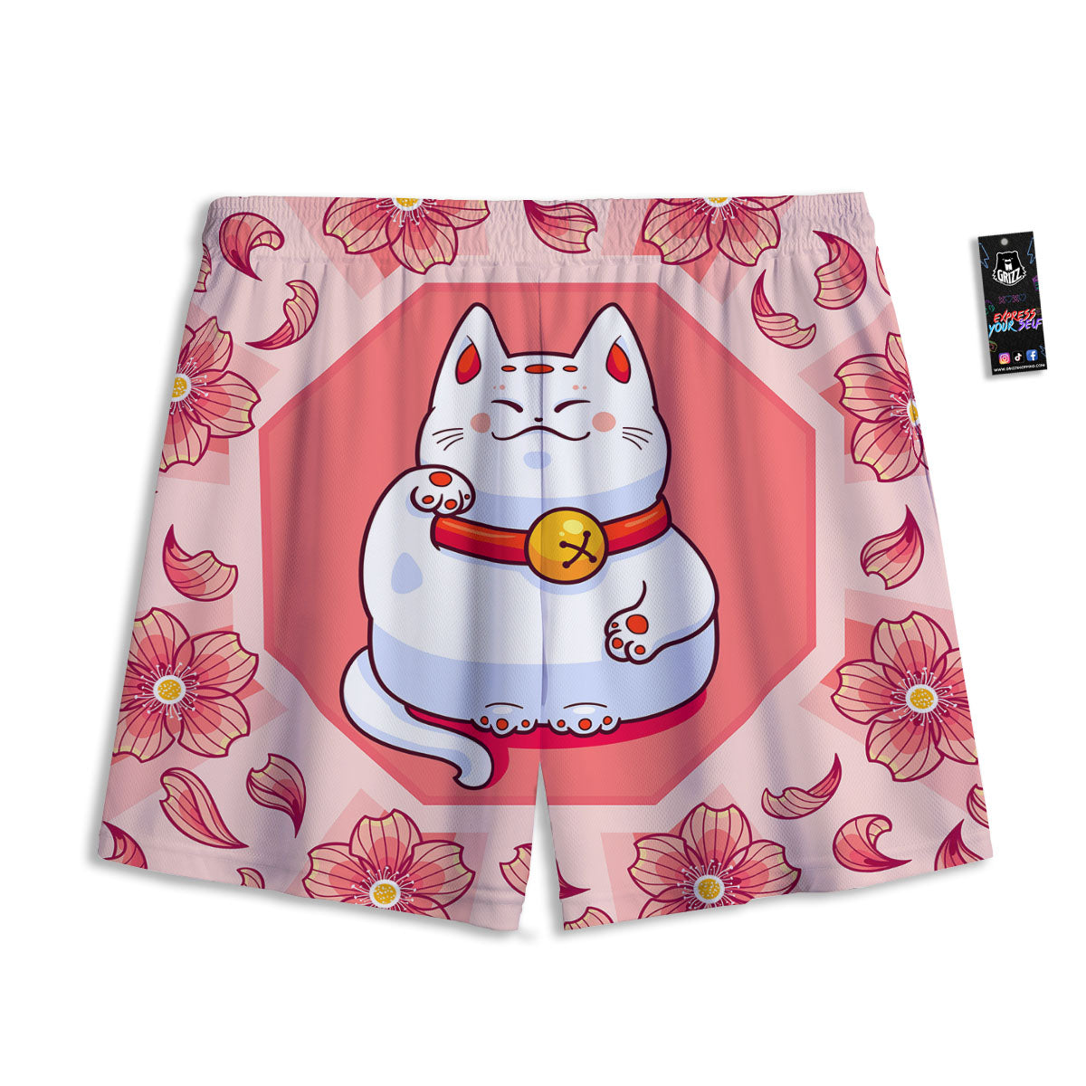 Lucky Cat And Sakura Japanese Print Mesh Shorts