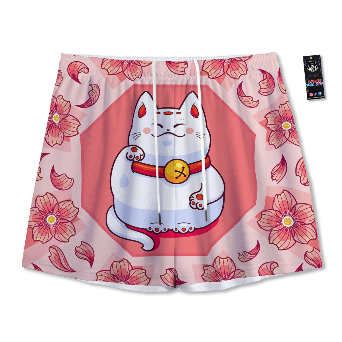 Lucky Cat And Sakura Japanese Print Mesh Shorts