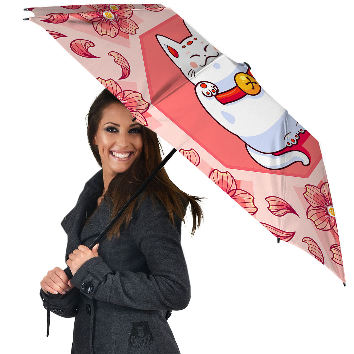 Lucky Cat And Sakura Japanese Print Umbrella-grizzshop