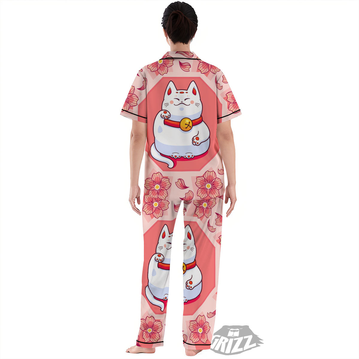 Lucky Cat And Sakura Japanese Print Women's Pajamas Set-grizzshop