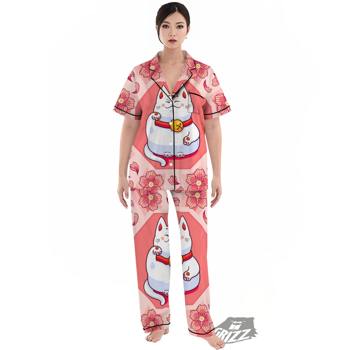 Lucky Cat And Sakura Japanese Print Women's Pajamas Set-grizzshop