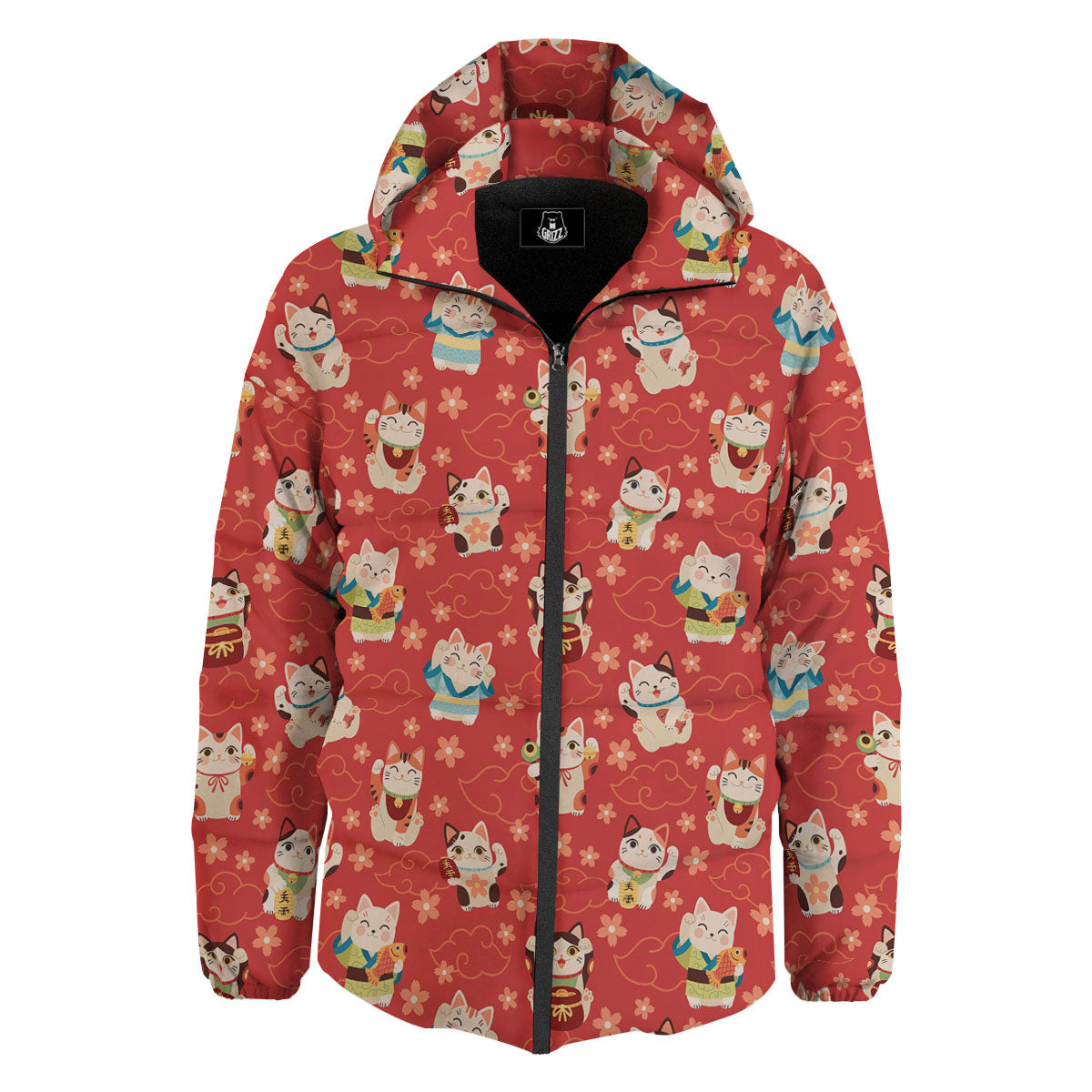 Lucky Cat Japanese Print Pattern Down Jacket-grizzshop