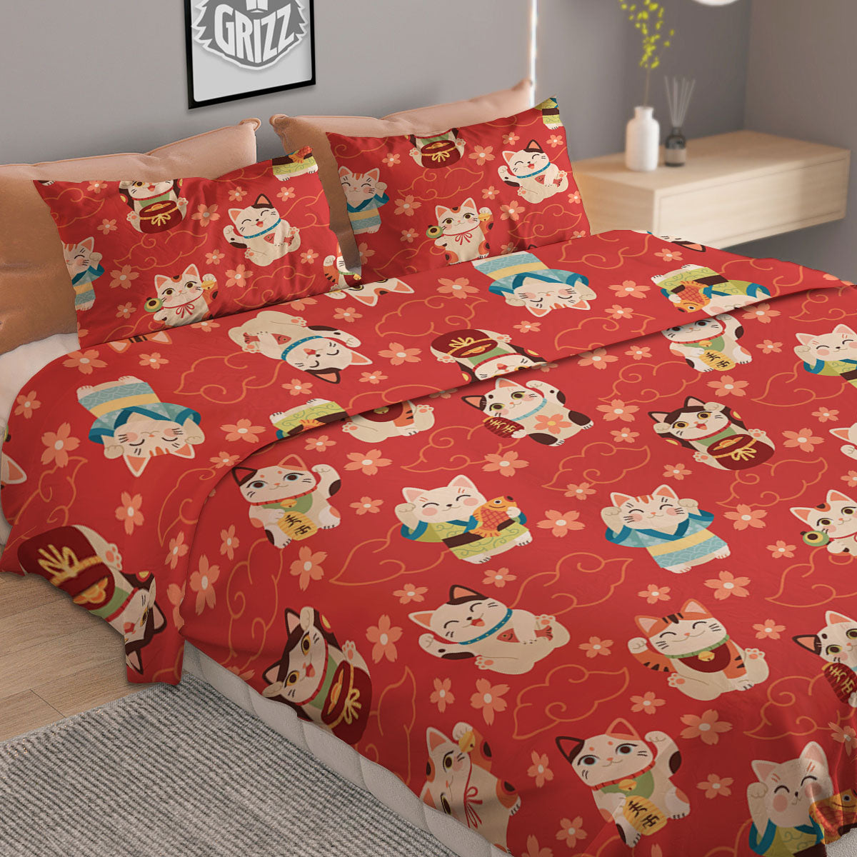 Lucky Cat Japanese Print Pattern Duvet Cover Bedding Set