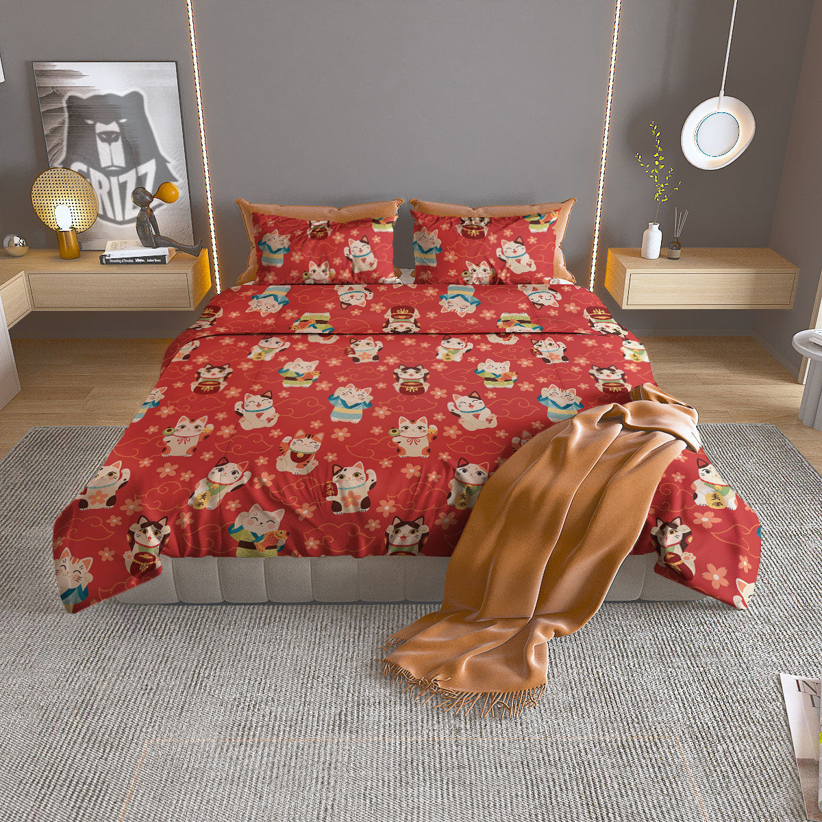 Lucky Cat Japanese Print Pattern Duvet Cover Bedding Set