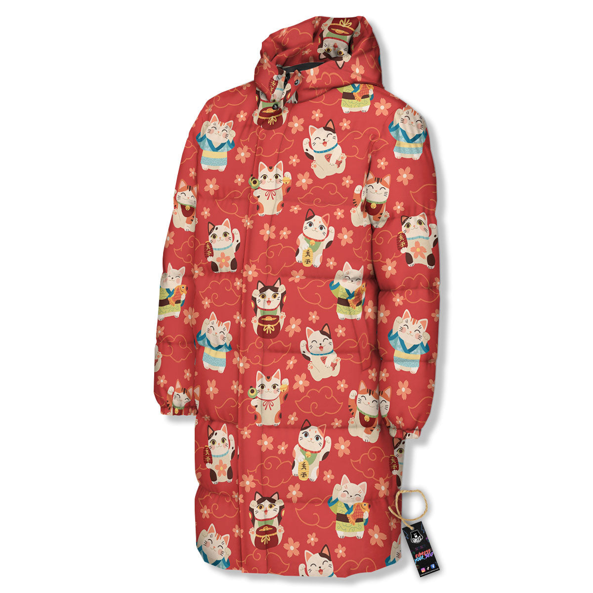Lucky Cat Japanese Print Pattern Long Down Jacket-grizzshop