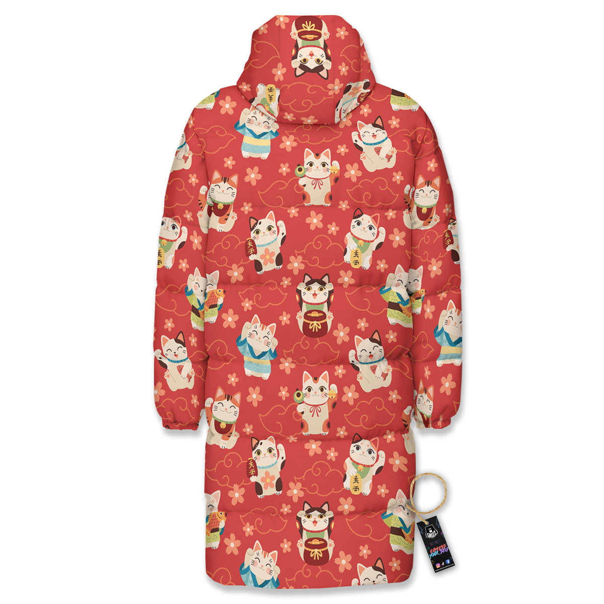 Lucky Cat Japanese Print Pattern Long Down Jacket-grizzshop