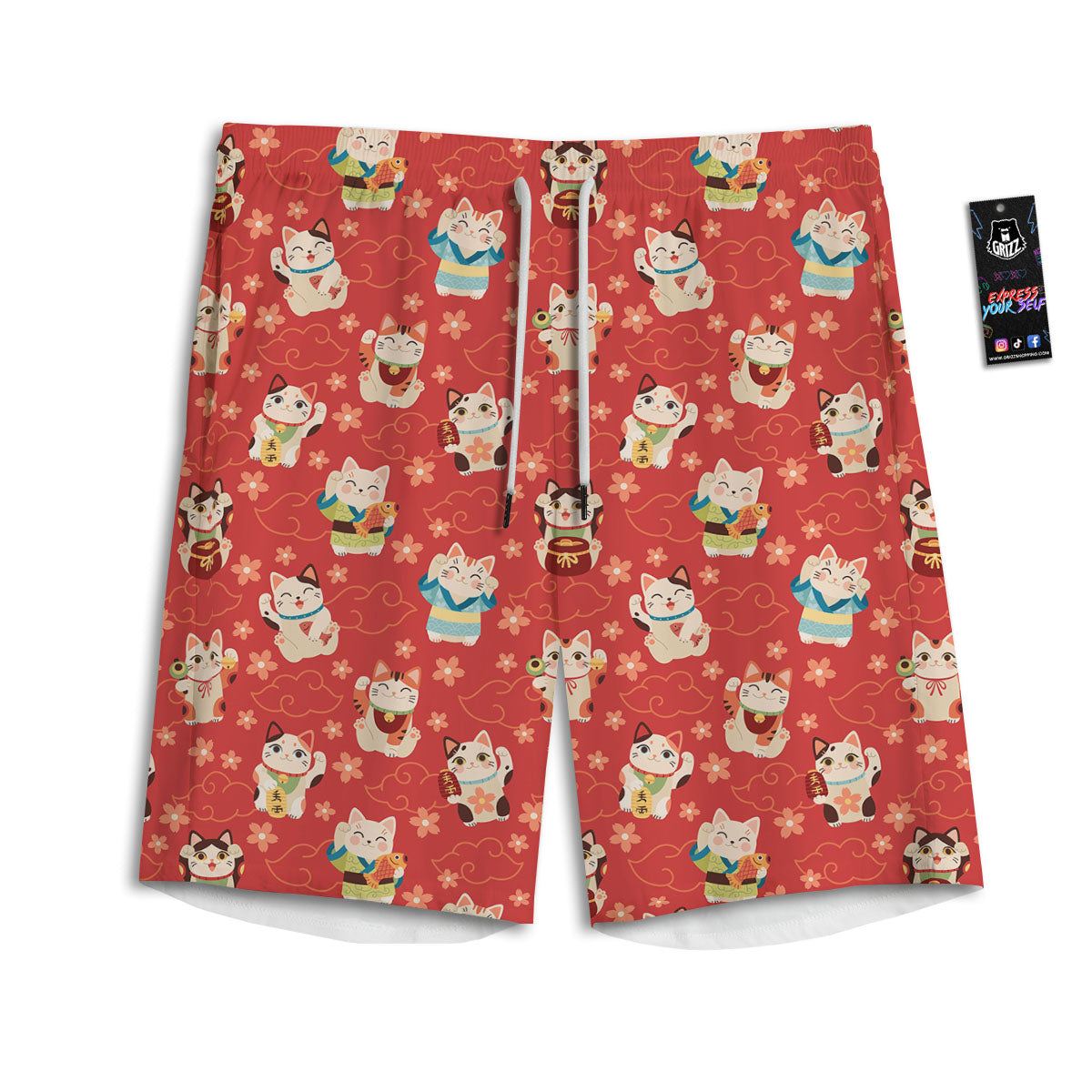 Lucky Cat Japanese Print Pattern Men's Athletic Shorts