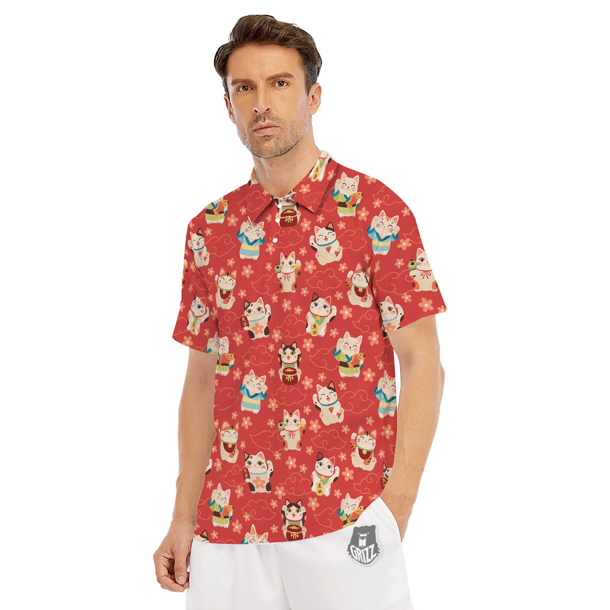 Lucky Cat Japanese Print Pattern Men's Golf Shirts-grizzshop
