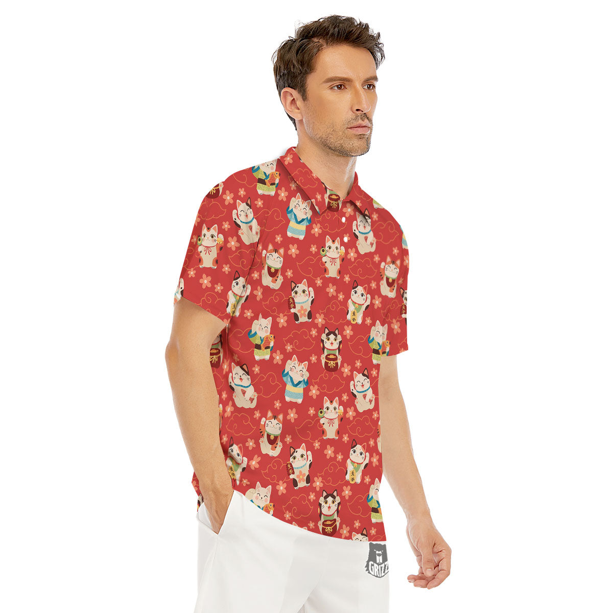 Lucky Cat Japanese Print Pattern Men's Golf Shirts-grizzshop