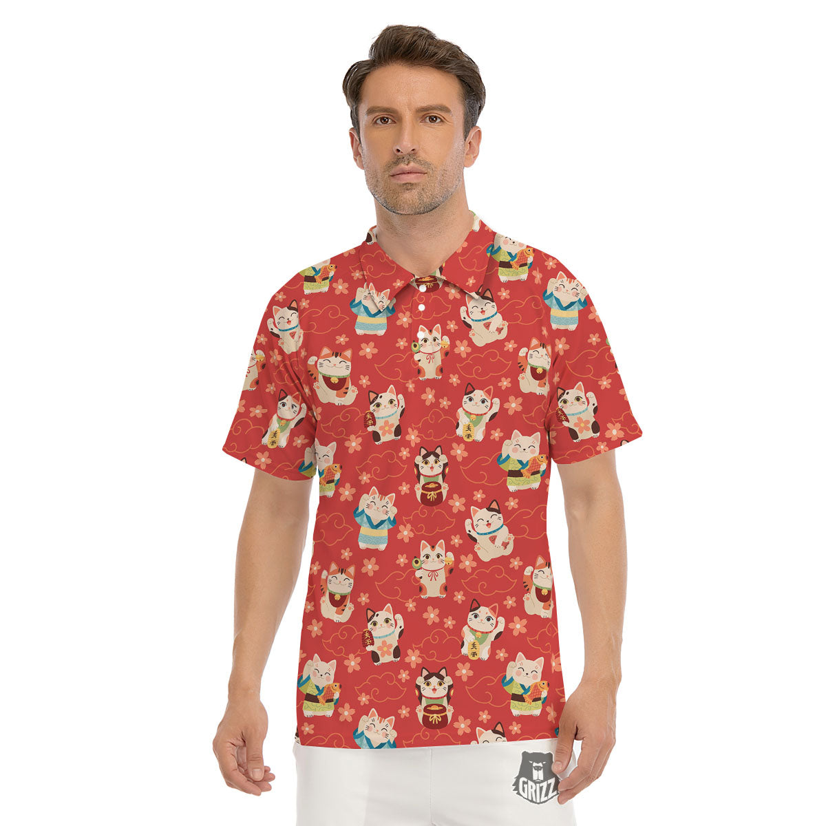Lucky Cat Japanese Print Pattern Men's Golf Shirts-grizzshop