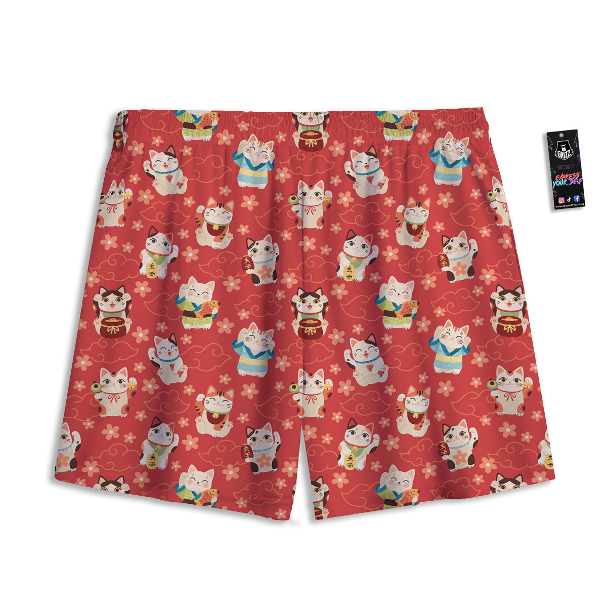 Lucky Cat Japanese Print Pattern Mesh Shorts