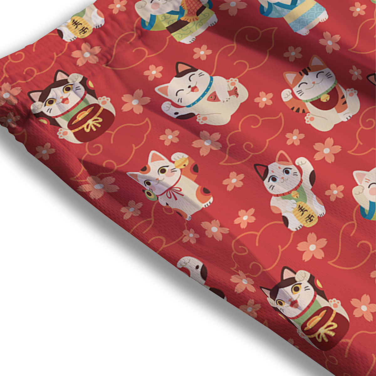 Lucky Cat Japanese Print Pattern Mesh Shorts