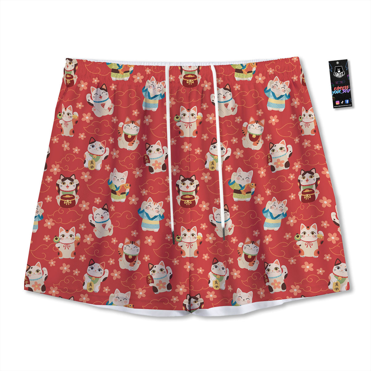 Lucky Cat Japanese Print Pattern Mesh Shorts