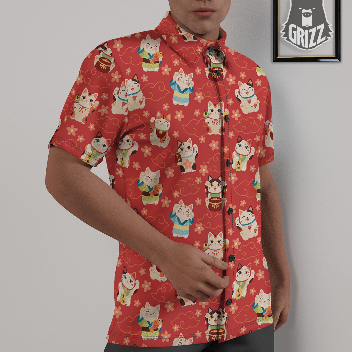 Lucky Cat Japanese Print Pattern Untucked Shirts-grizzshop