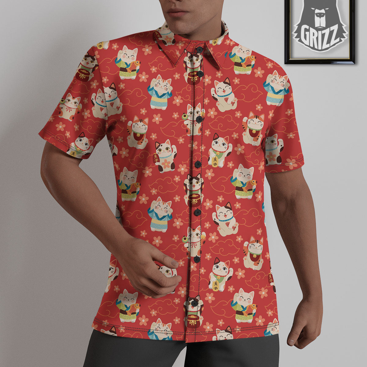 Lucky Cat Japanese Print Pattern Untucked Shirts-grizzshop