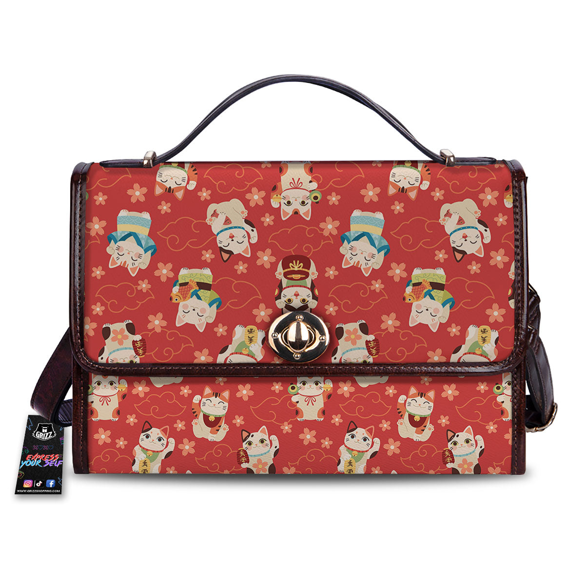 Lucky Cat Japanese Print Pattern Women's Satchel Bag