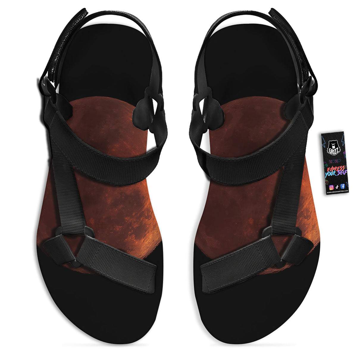 Lunar Cycle Eclipse Print Black Open Toe Sandals-grizzshop
