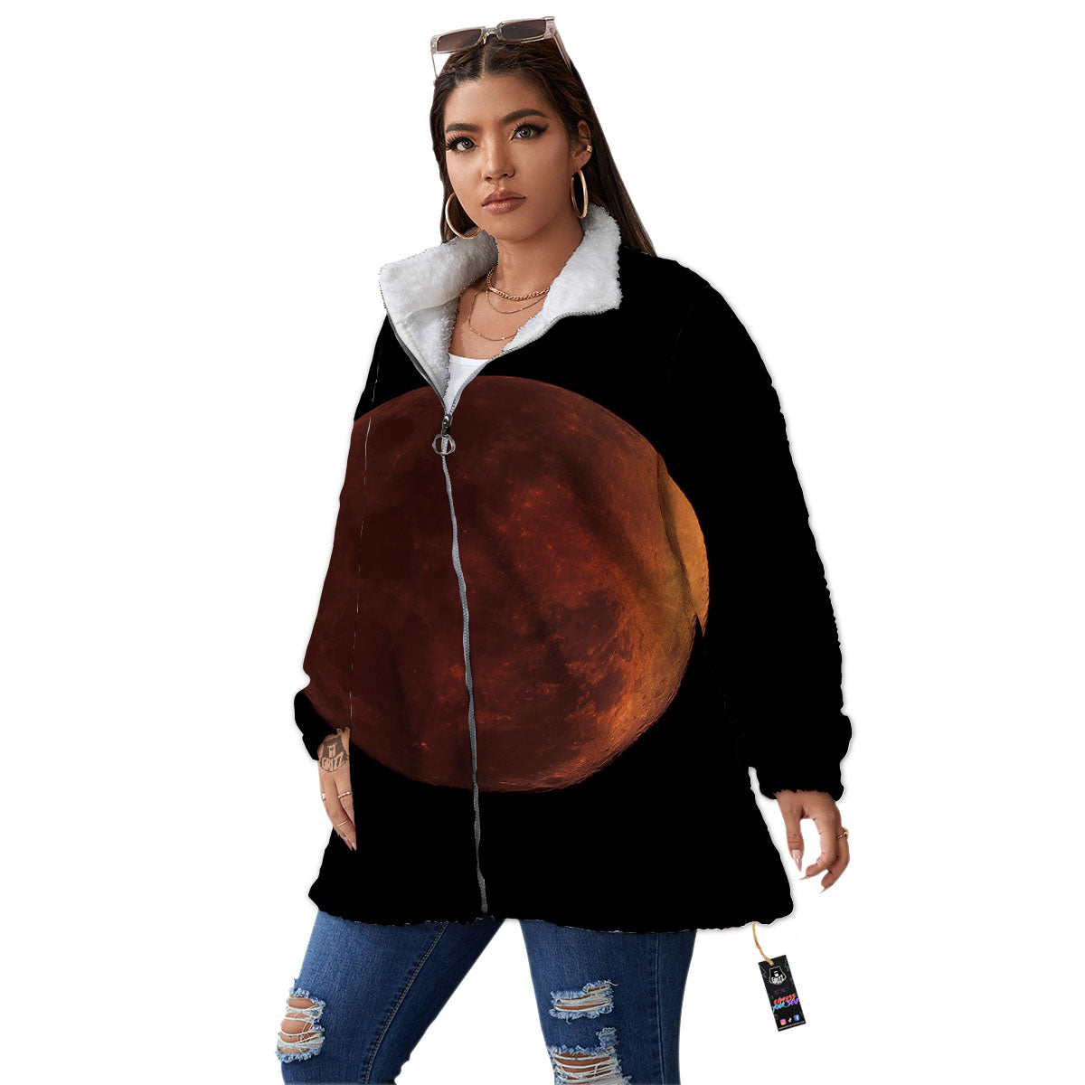 Lunar Cycle Eclipse Print Women's Sherpa Jacket-grizzshop