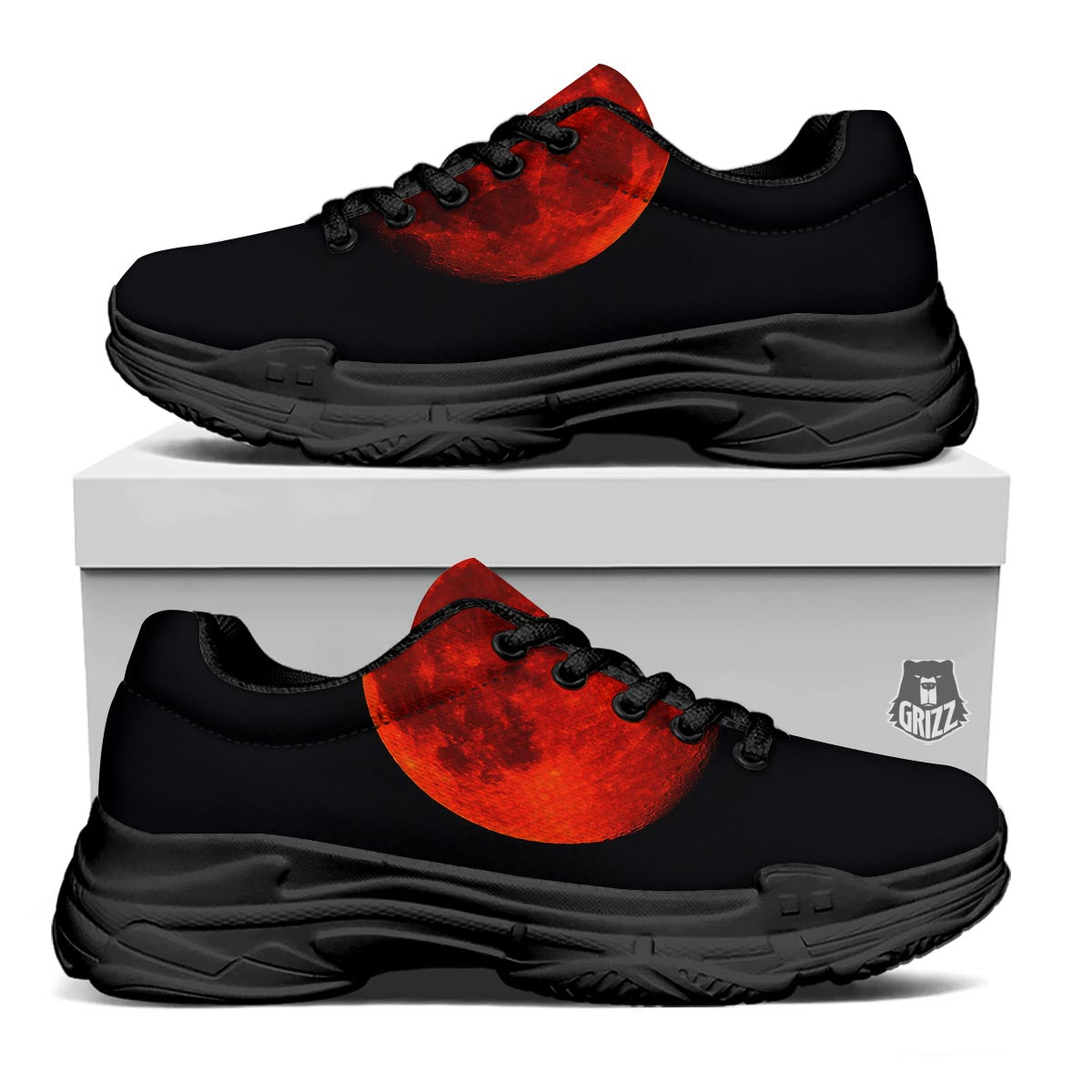 Lunar Eclipse Super Blood Moon Print Black Chunky Shoes-grizzshop