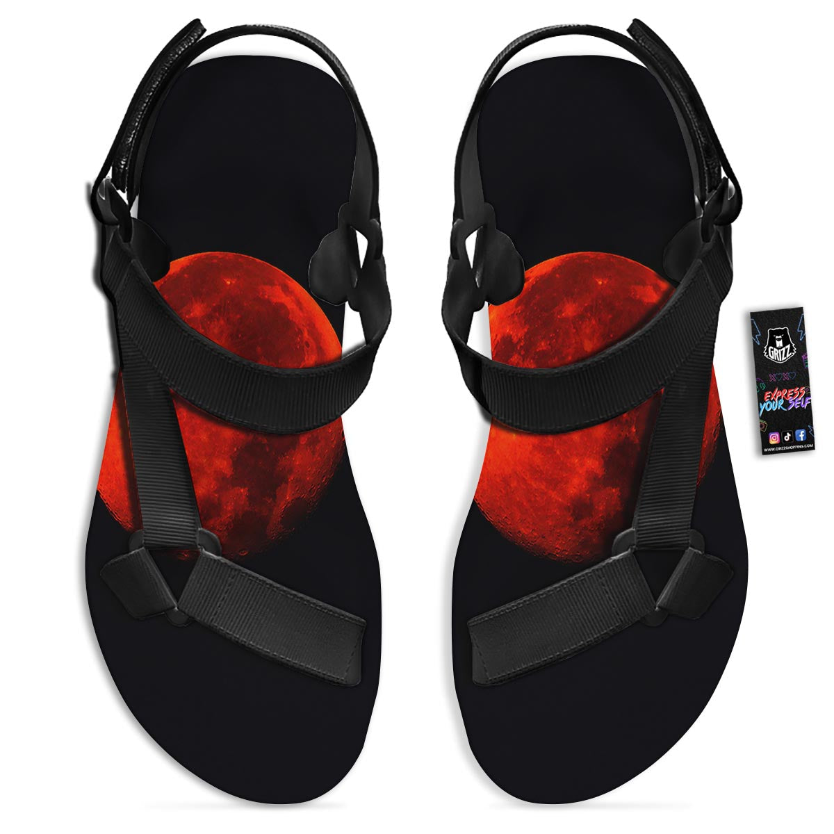 Lunar Eclipse Super Blood Moon Print Black Open Toe Sandals-grizzshop