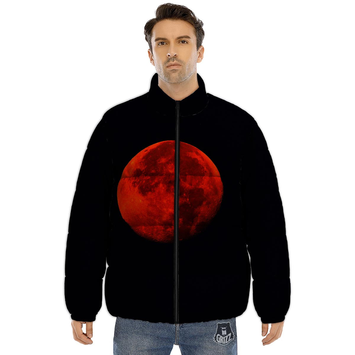 Lunar Eclipse Super Blood Moon Print Puffer Jacket-grizzshop