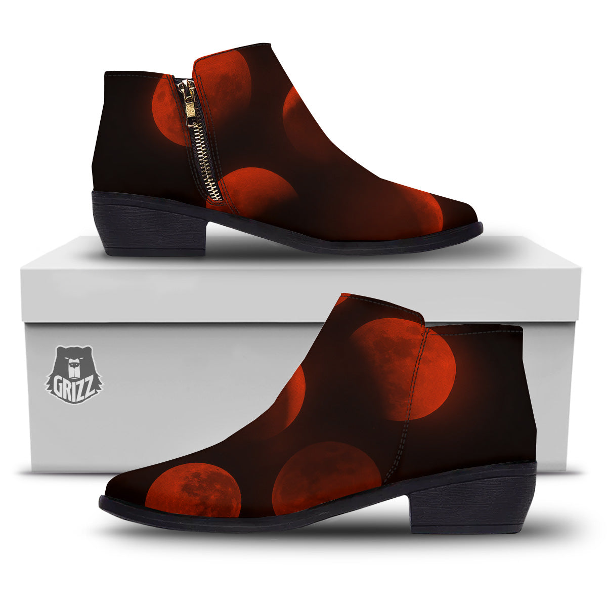 Lunar Phase Blood Moon Print Ankle Boots-grizzshop