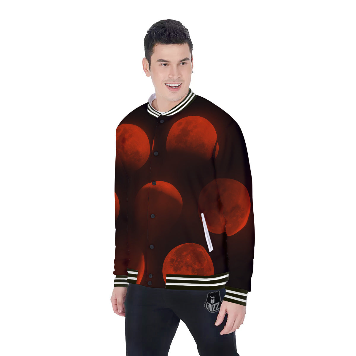 Lunar Phase Blood Moon Print Baseball Jacket-grizzshop