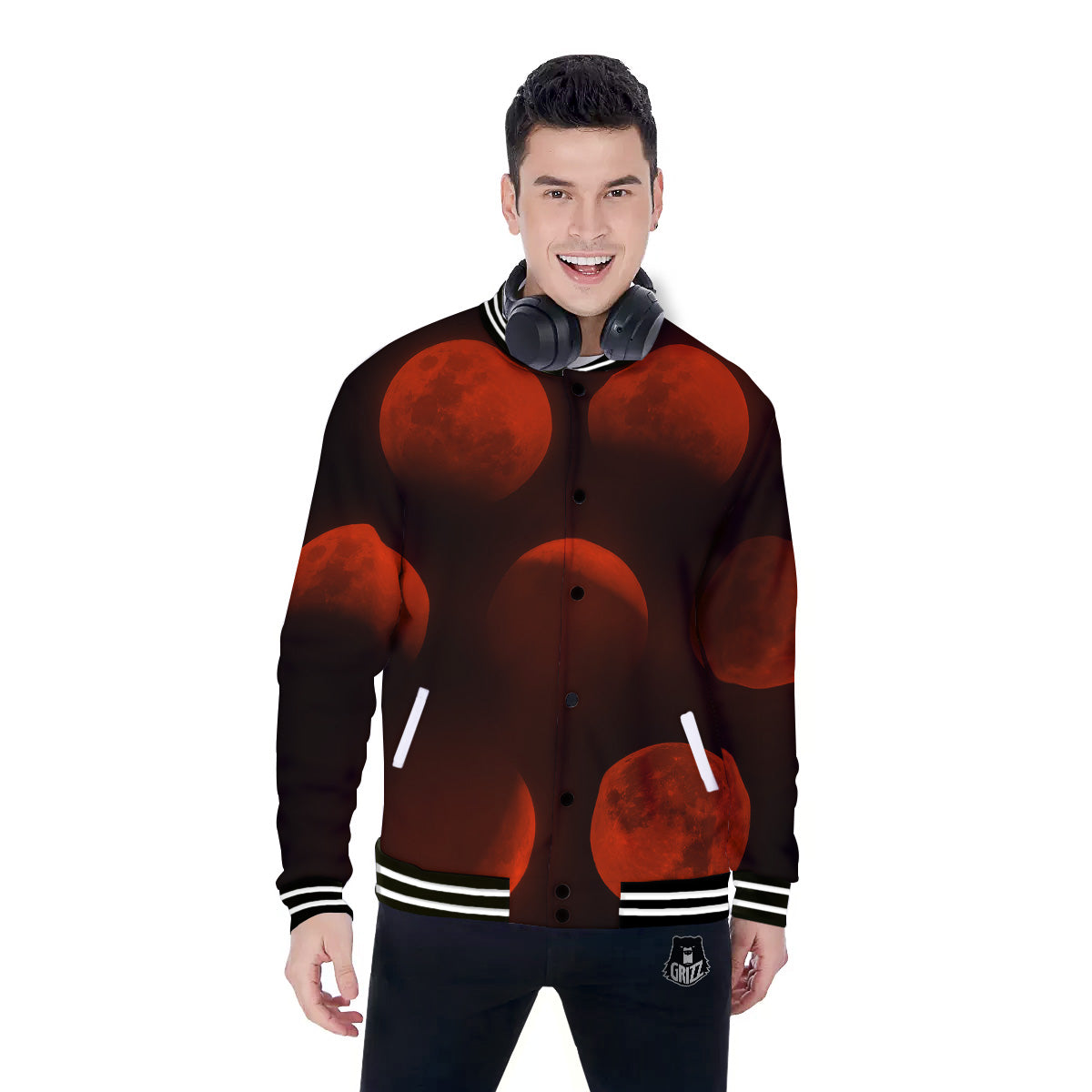 Lunar Phase Blood Moon Print Baseball Jacket-grizzshop