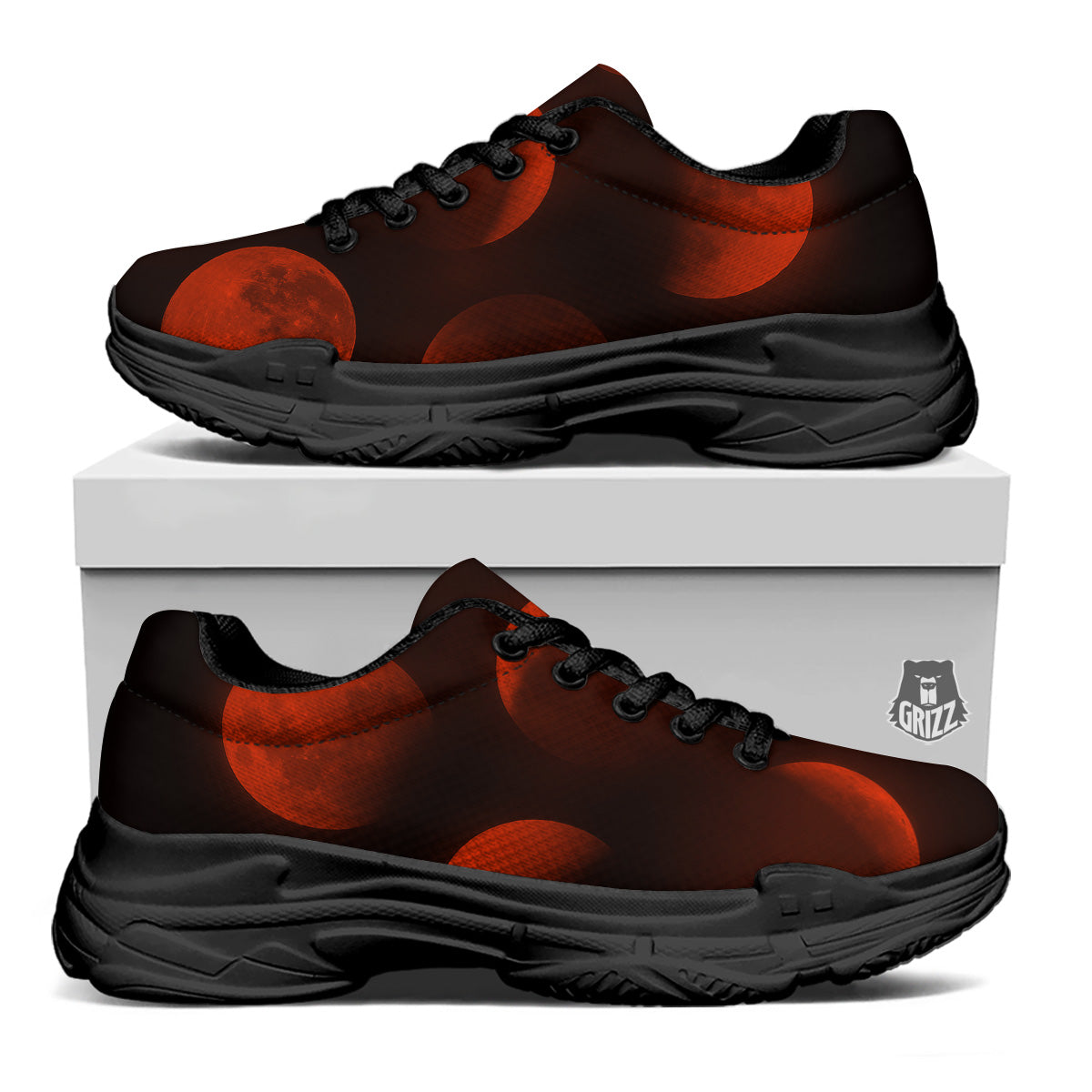 Lunar Phase Blood Moon Print Black Chunky Shoes-grizzshop
