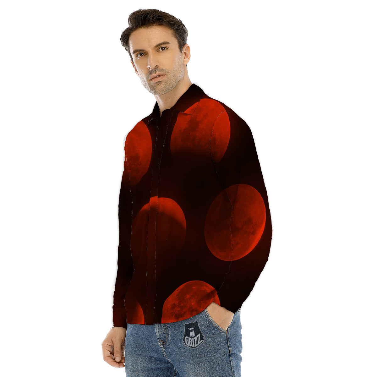 Lunar Phase Blood Moon Print Men's Dress Shirts-grizzshop