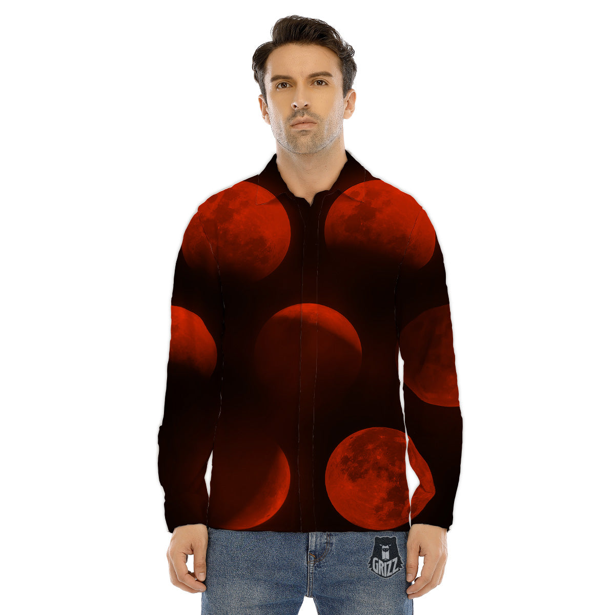 Lunar Phase Blood Moon Print Men's Dress Shirts-grizzshop