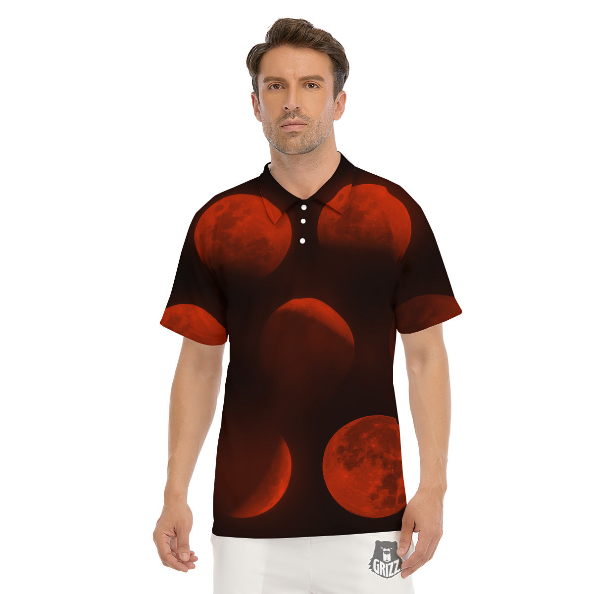 Lunar Phase Blood Moon Print Men's Golf Shirts-grizzshop