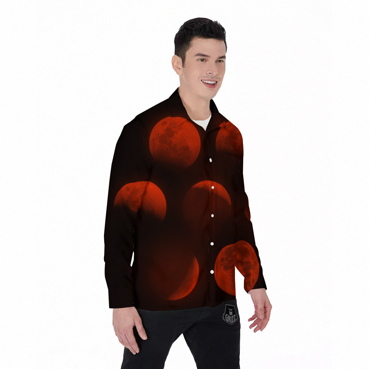 Lunar Phase Blood Moon Print Men's Long Sleeve Shirts-grizzshop