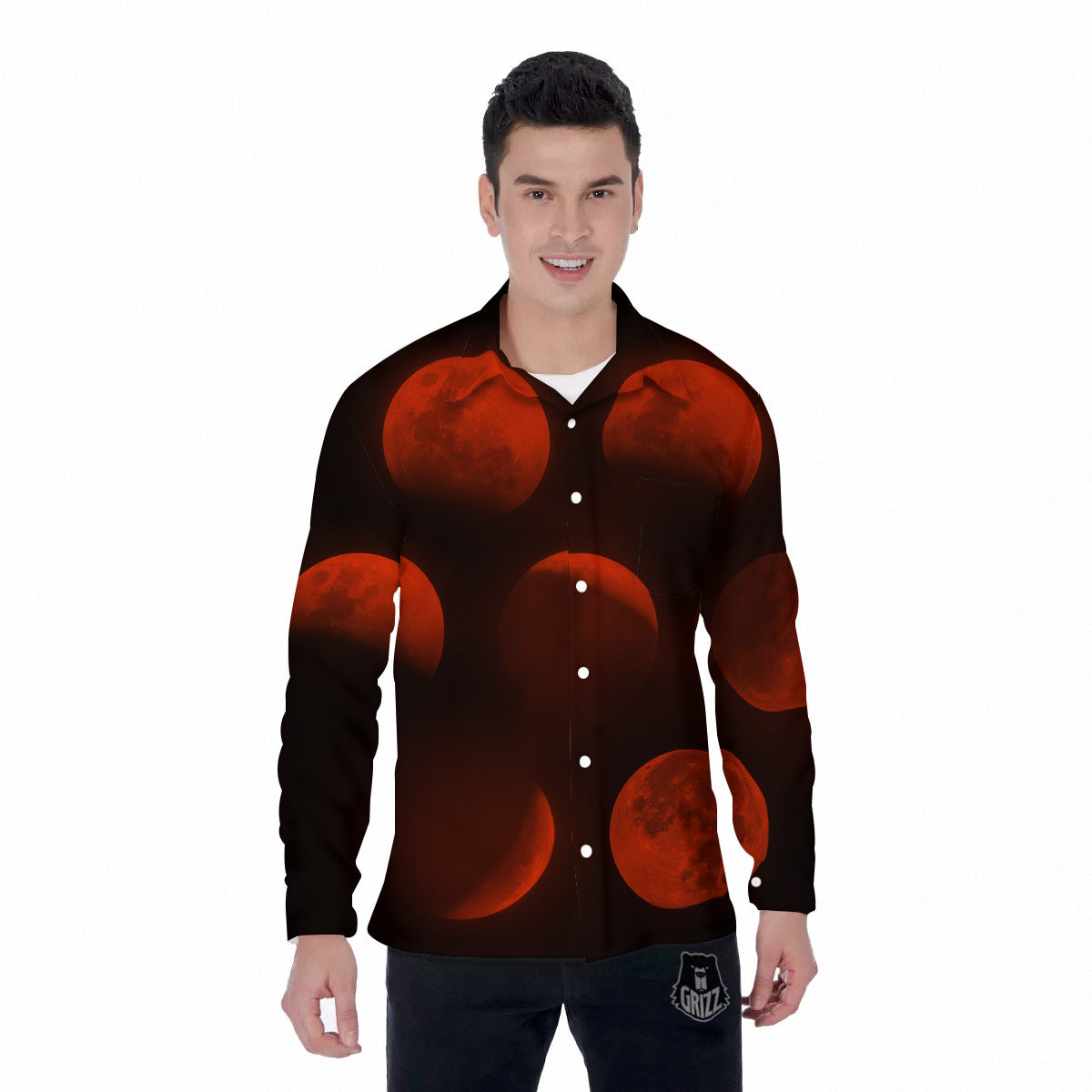 Lunar Phase Blood Moon Print Men's Long Sleeve Shirts-grizzshop
