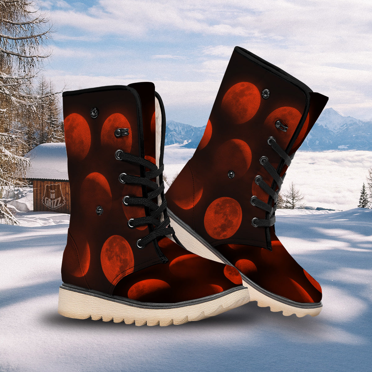 Lunar Phase Blood Moon Print Snow Boots-grizzshop