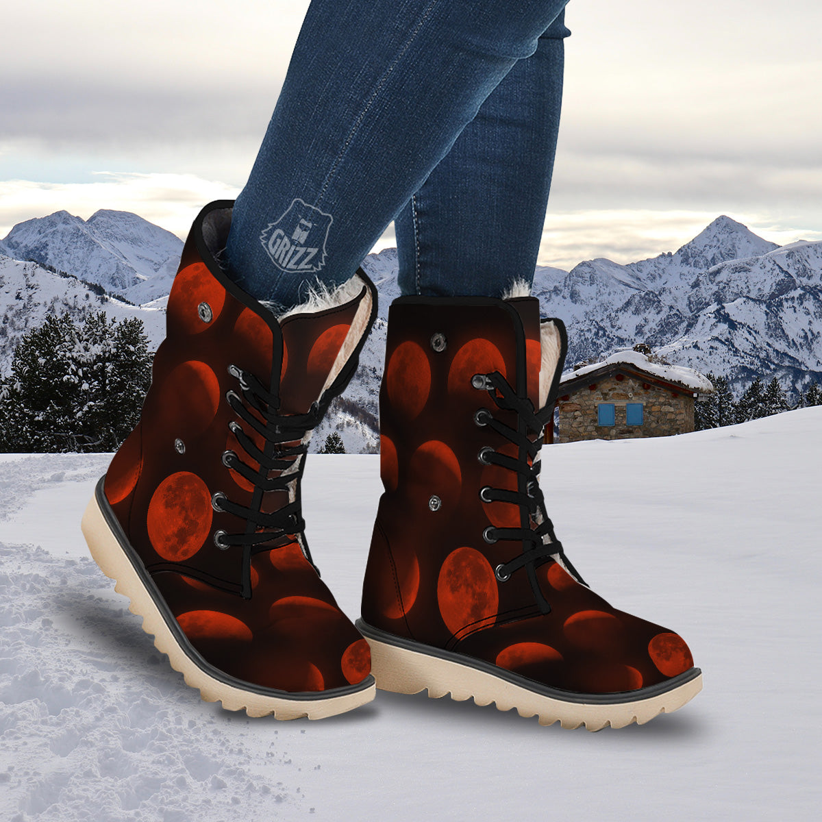 Lunar Phase Blood Moon Print Snow Boots-grizzshop