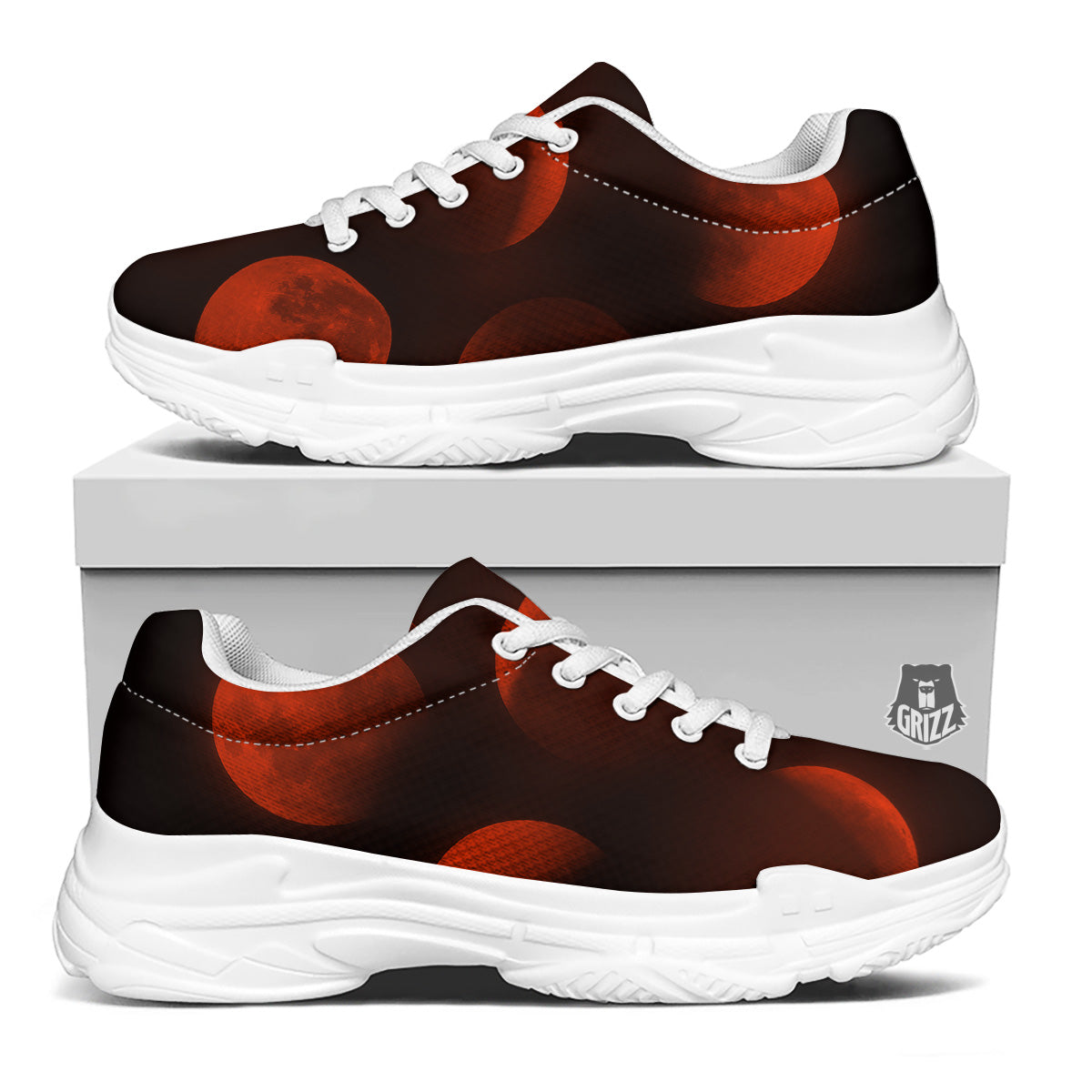 Lunar Phase Blood Moon Print White Chunky Shoes-grizzshop