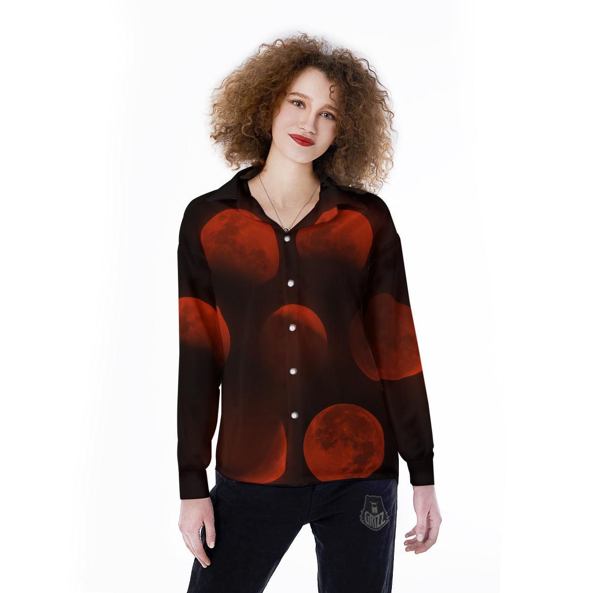 Lunar Phase Blood Moon Print Women's Long Sleeve Shirts-grizzshop
