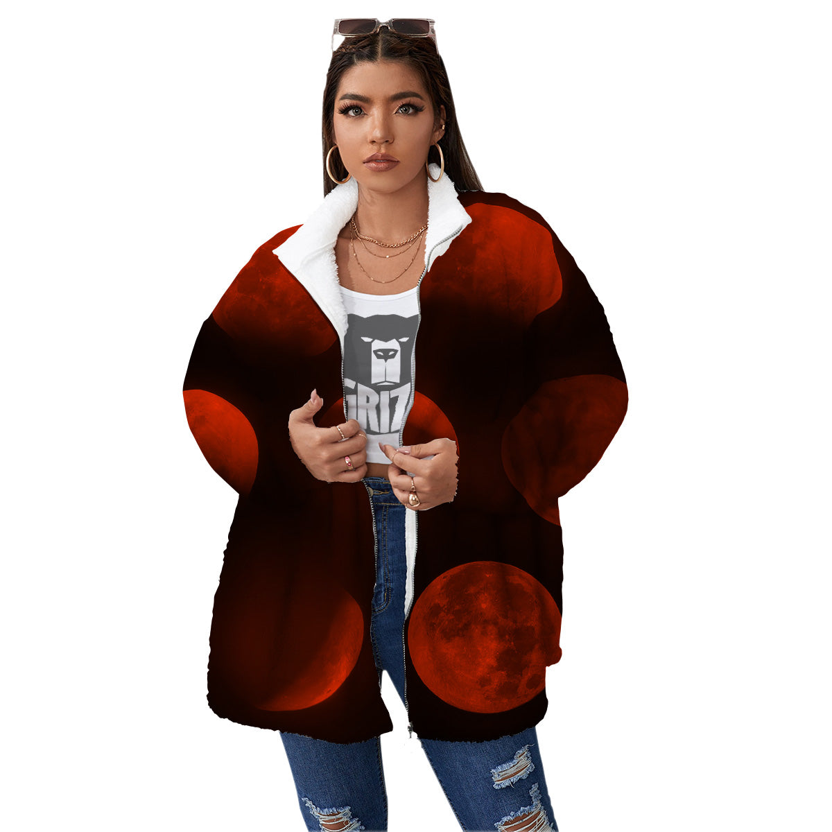Lunar Phase Blood Moon Print Women's Sherpa Jacket-grizzshop