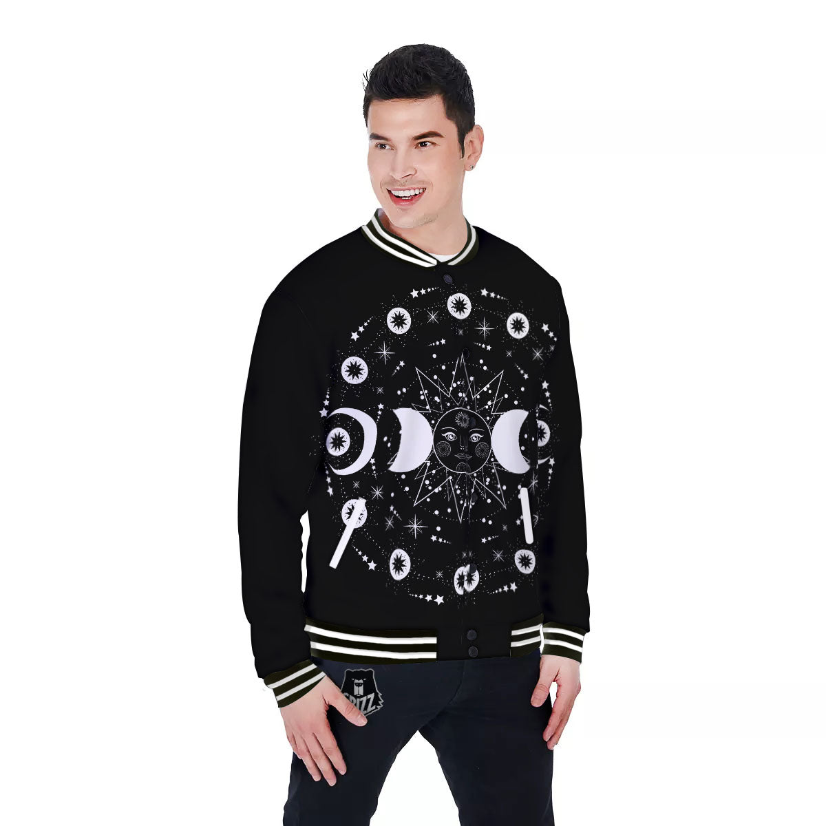 Lunar Phase Galaxy Print Baseball Jacket-grizzshop